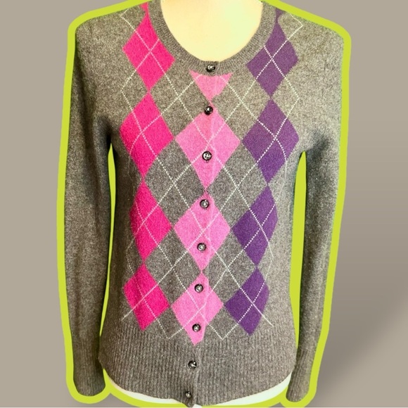 Apt. 9 100% Pure Cashmere Gray, Pink & Purple Argyle Button-Up Cardigan Size M - Picture 1 of 14